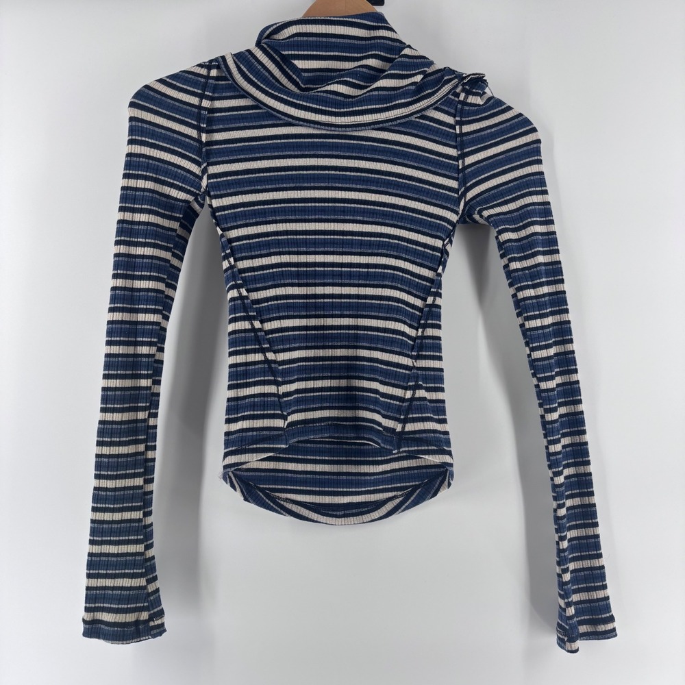 Free People Top Women XS Blue Striped Cowl Neck Button Detail NWT Boho Ribbed